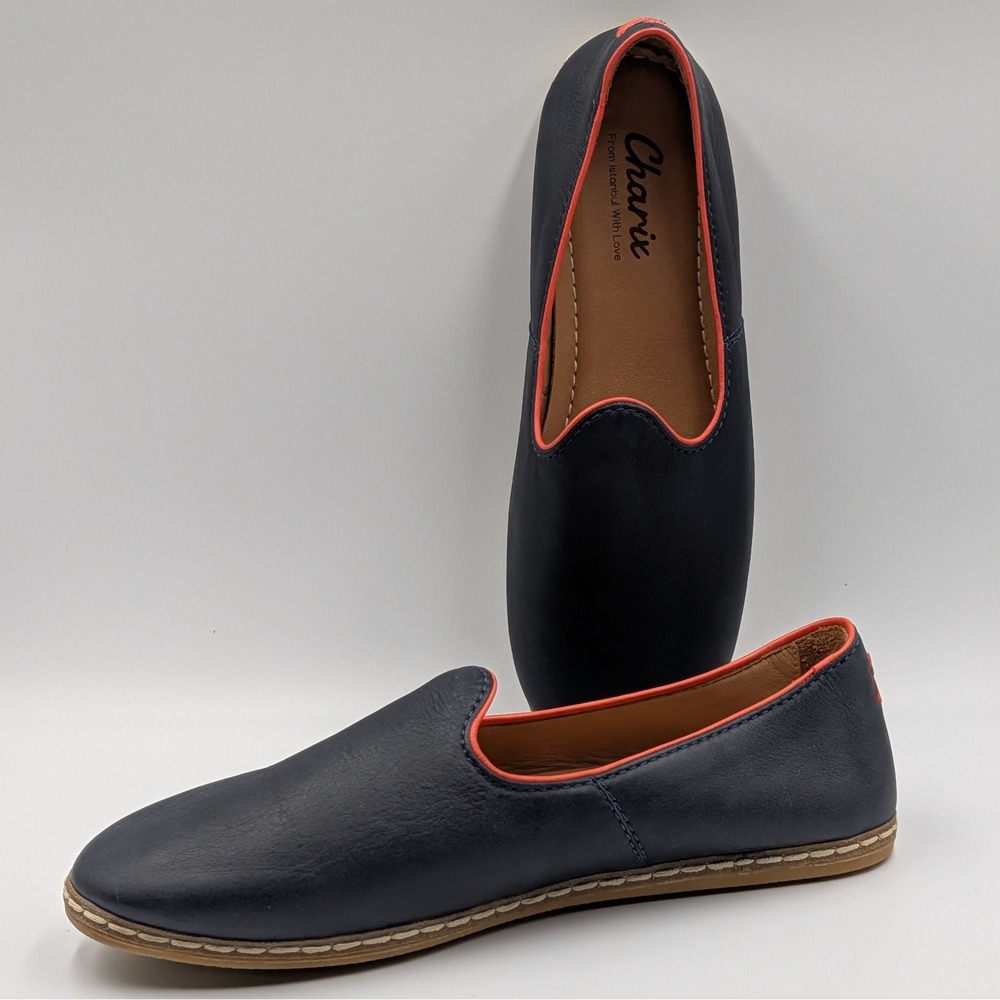 Charix Navy Leather Flat Loafer Red/Orange Trim  Istanbul Women Shoe 42/5EU-12US